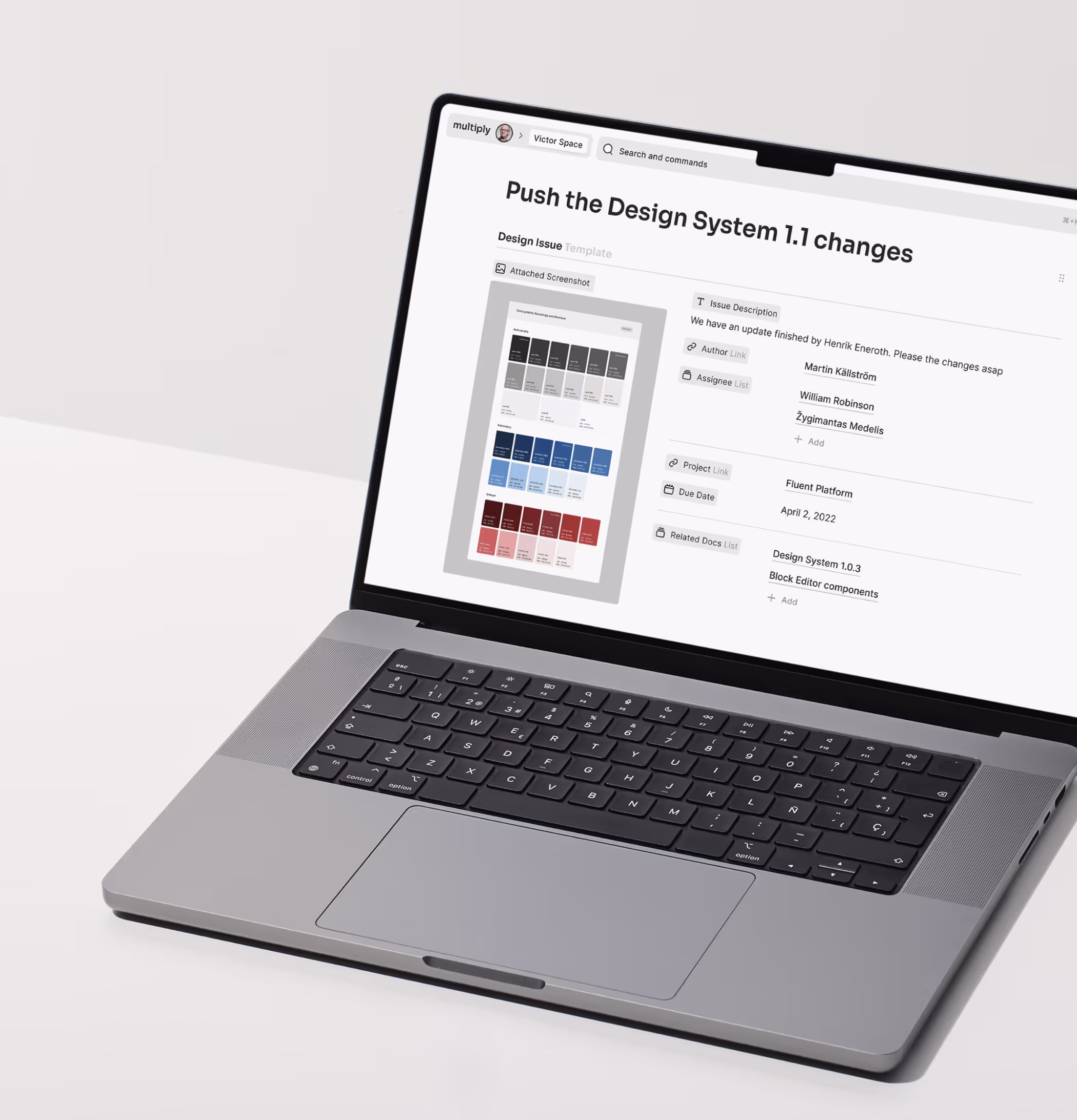 Silver laptop showing Multiply’s design-system issue tracker with color swatches and a ‘Push the Design System 1.1 changes’ task